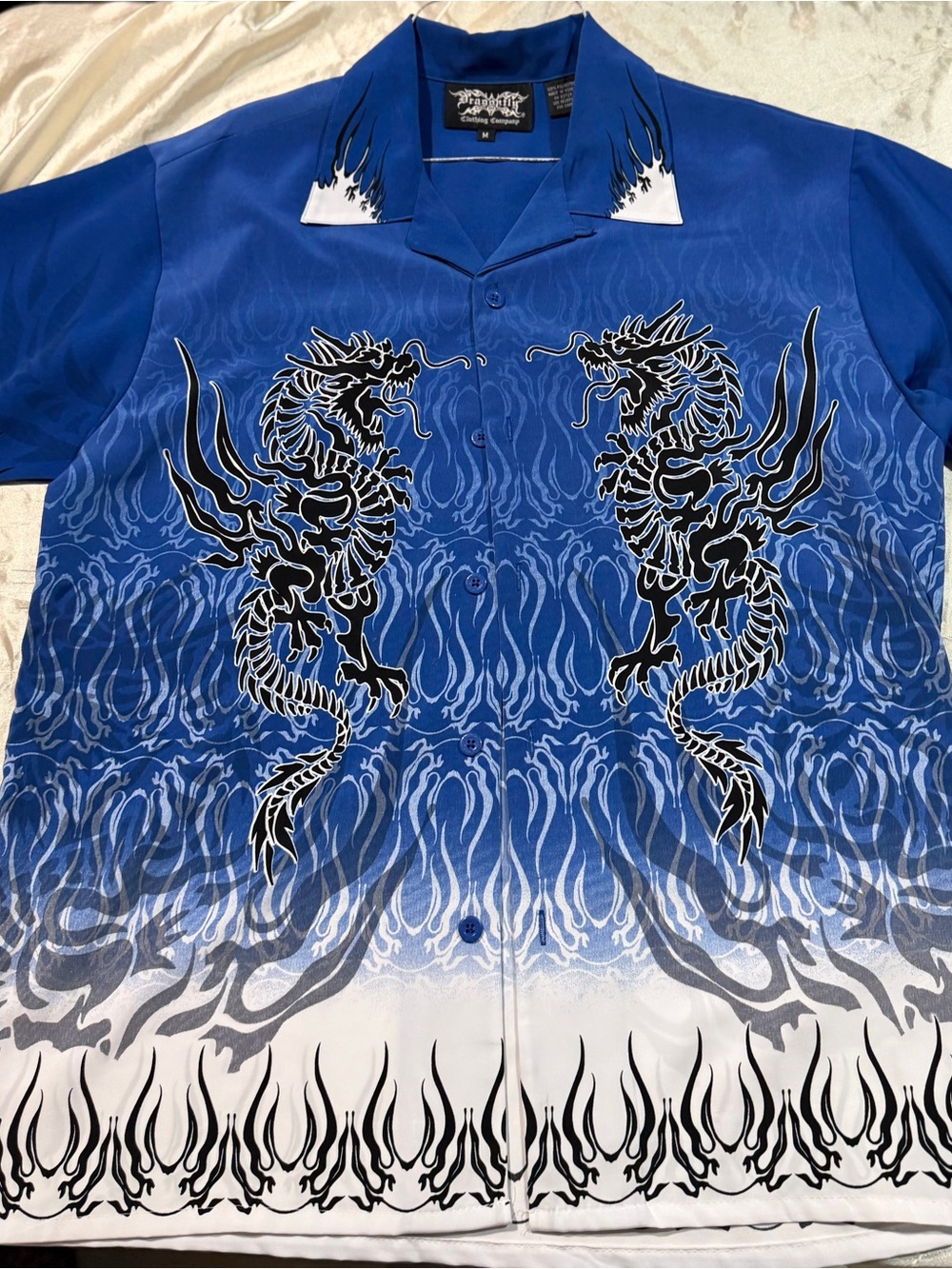 Vintage Dragonfly Clothing Company. Blue Tribal Dragon & Flame Button-Up Shirt